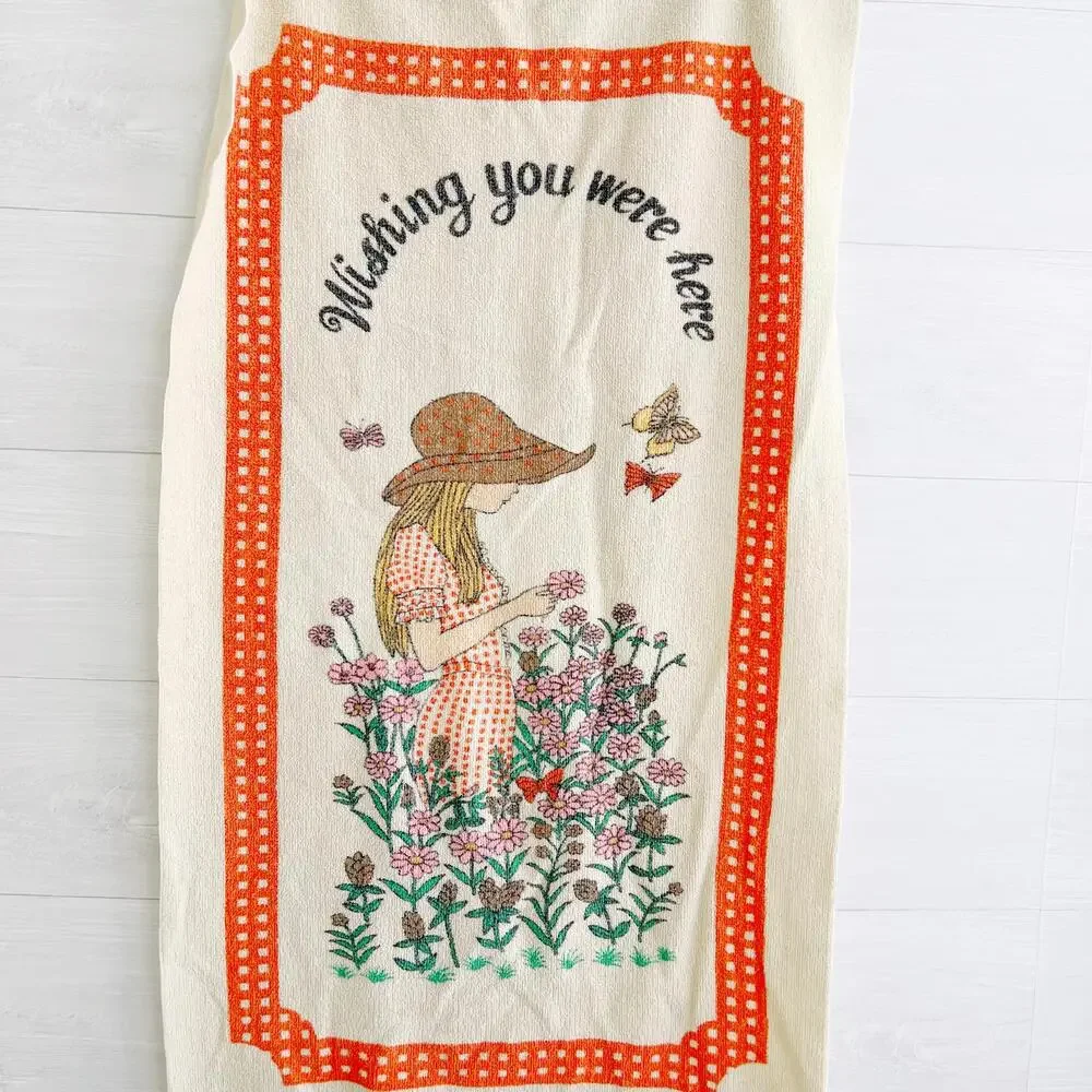 Vintage Towel “Wishing You Were Here” butterfly garden Terry cloth 21” x 41”